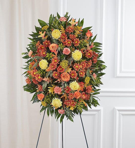 Orange & Yellow Funeral Standing Spray c7034 Funeral Flower Arrangements