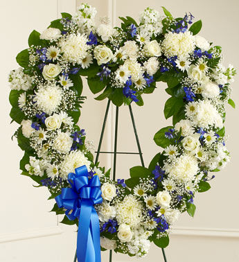 Peacock Blue & White Funeral Wreath Flowers